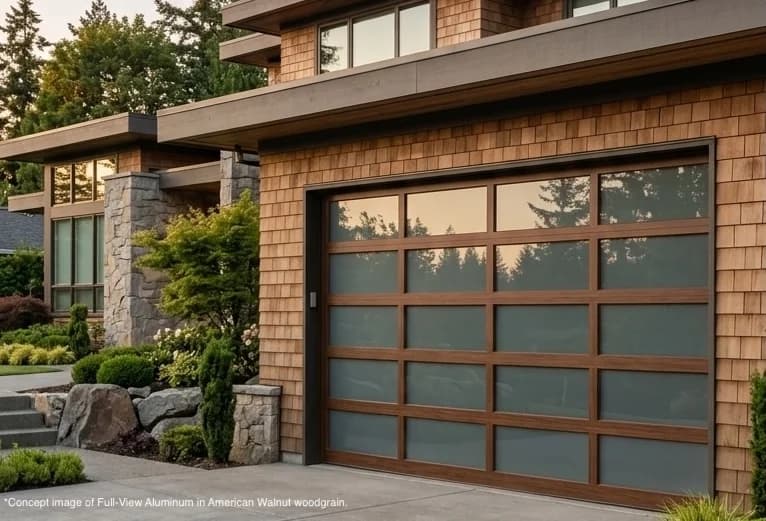 CHI full-view aluminum garage door with an American Walnut woodgrain frame and frosted glass panels on a cedar-shake home