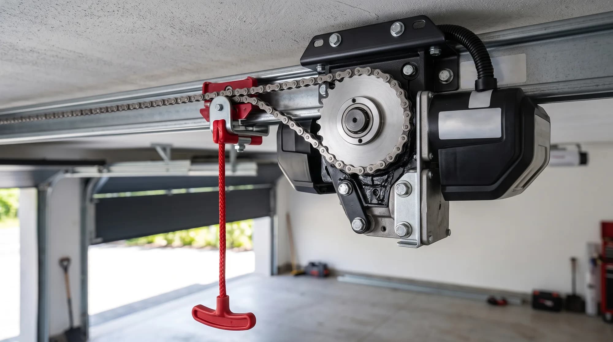 Close-up of a chain-drive garage door opener showing the drive chain, sprocket, and red emergency release handle on the rail