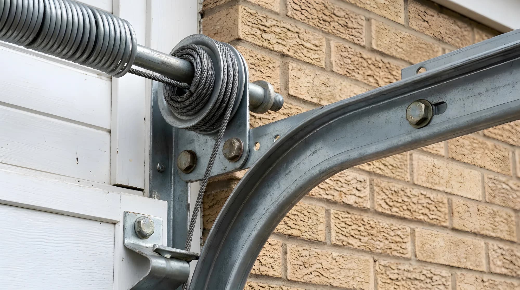 Garage door lift cable wound on its drum beside the torsion spring, mounting bracket, and curved track against a brick wall