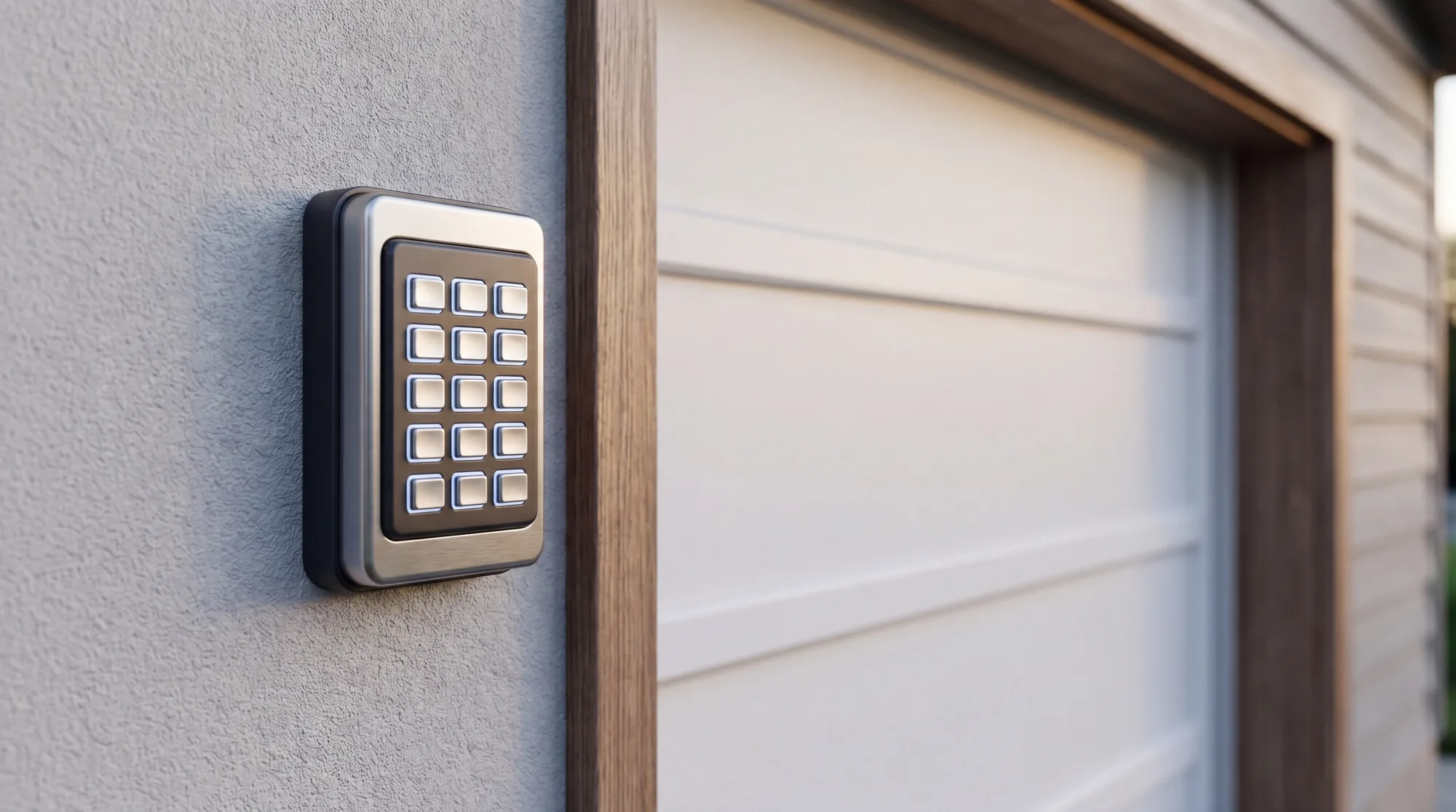 Backlit stainless keypad mounted on a stucco wall beside a white garage door