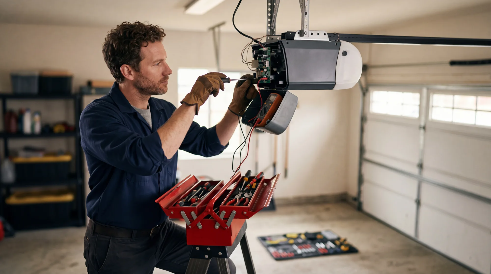 Technician testing the circuit board of an opened garage door opener with a multimeter, tool box open beside him