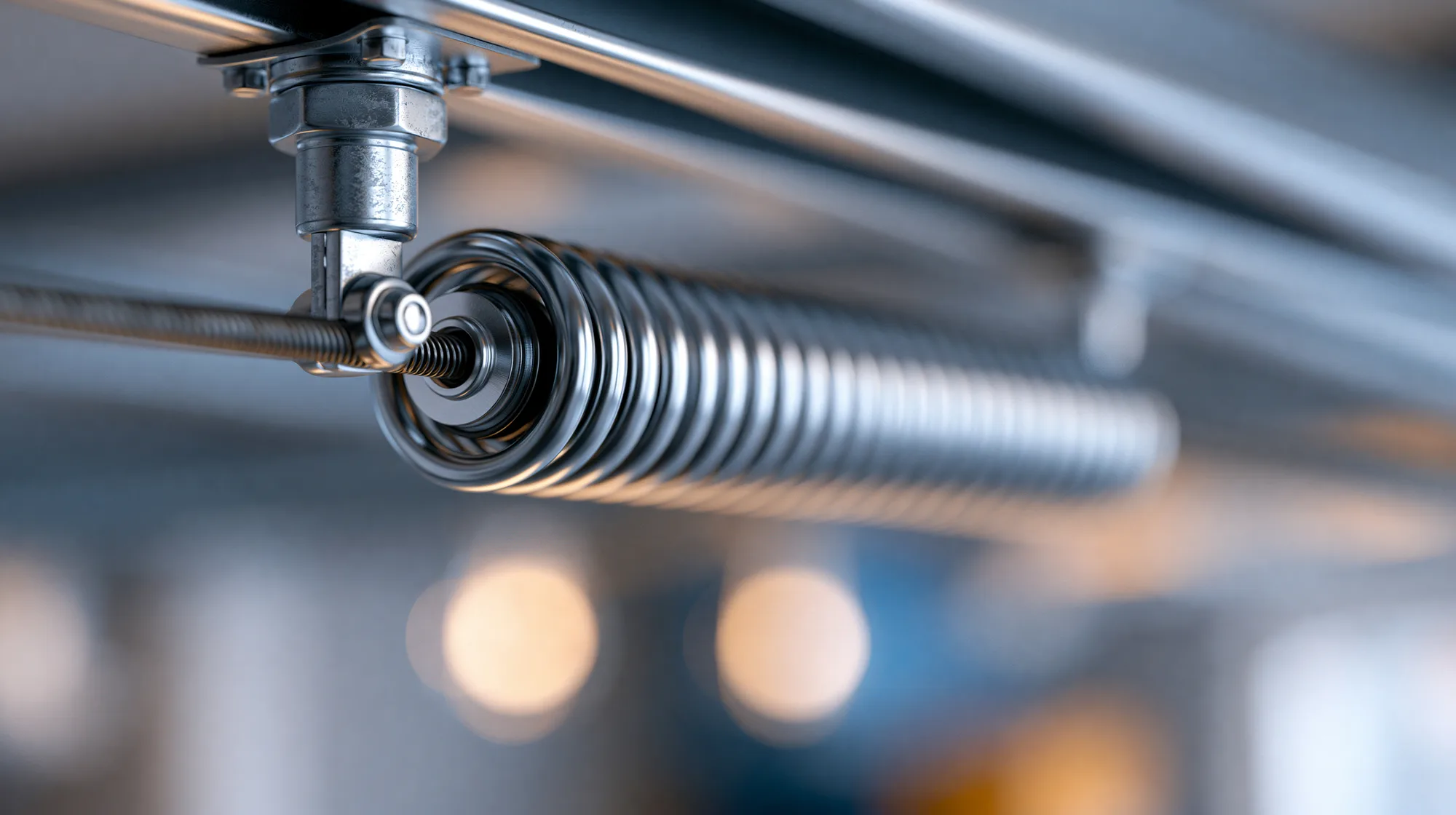 Close-up of a garage door torsion spring and its mounting bracket on the shaft above the door