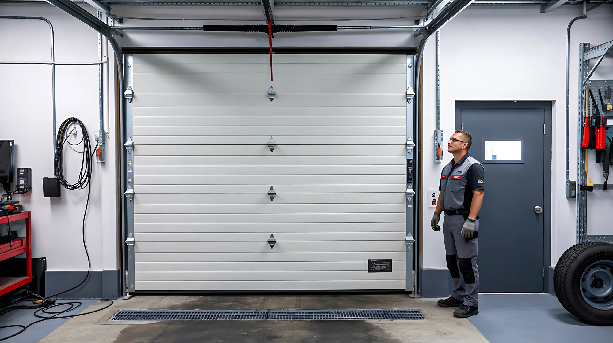Technician in uniform standing beside a closed white sectional garage door, looking over the door and its hardware during an inspection