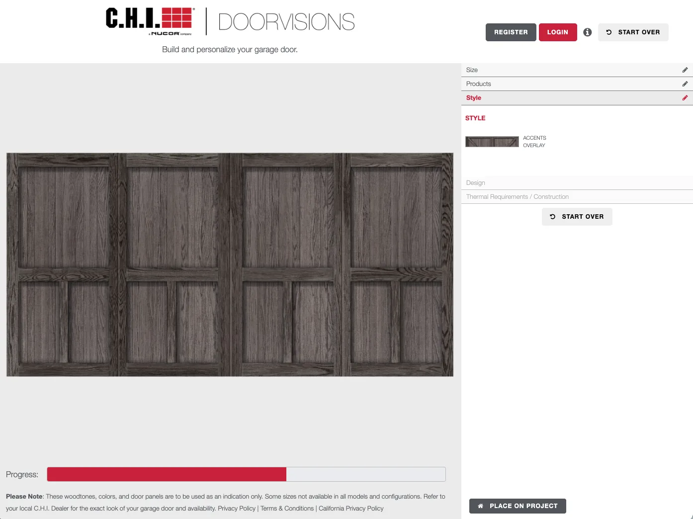 Screenshot of the CHI Door Visions design tool showing a wood-look garage door preview